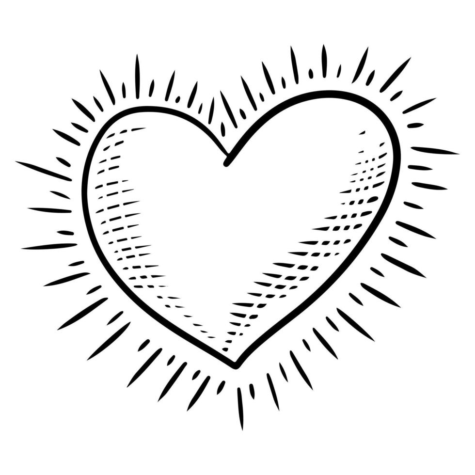 Hand drawn grunge love heart with rays isolated on a white background. vector illustration.