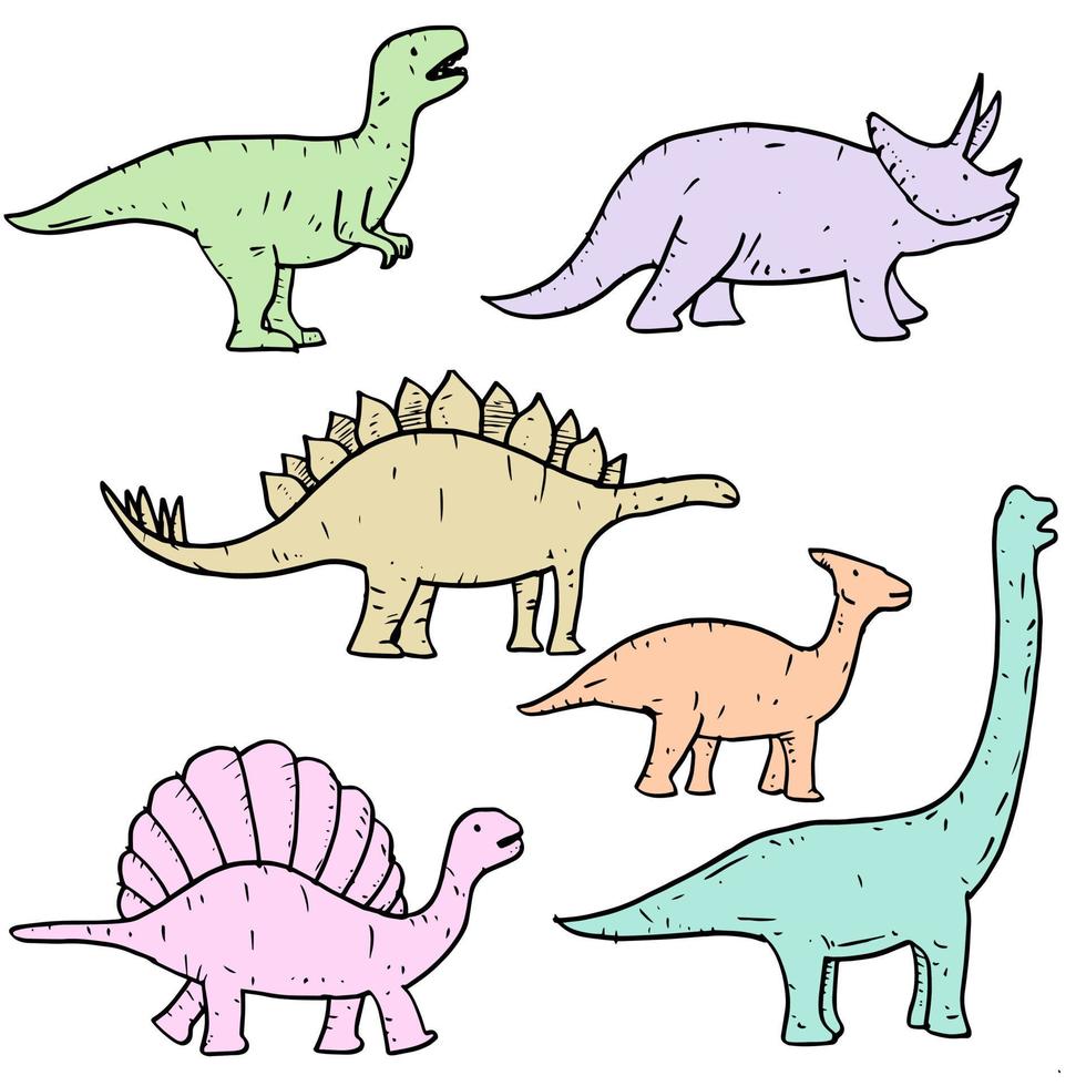 conjunto de ilustración de dinosaurio de fideos vectoriales dibujados a mano. dinosaurio de dibujos animados aislado en fondo blanco para colorear página, diseño de afiches, estampado de camisetas y pegatina. vector