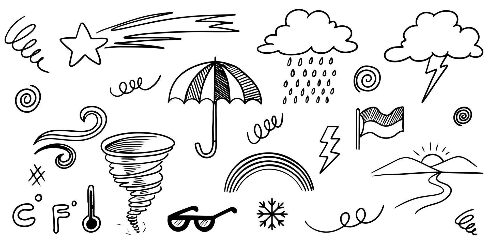 Collection of hand drawn doodle weather icons isolated on white background. vector