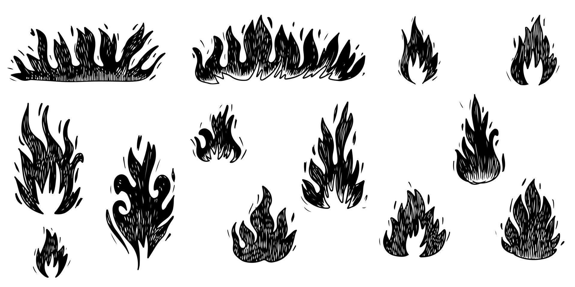 Set of hand drawn fire and fireball isolated on white background. Doodle vector illustration.