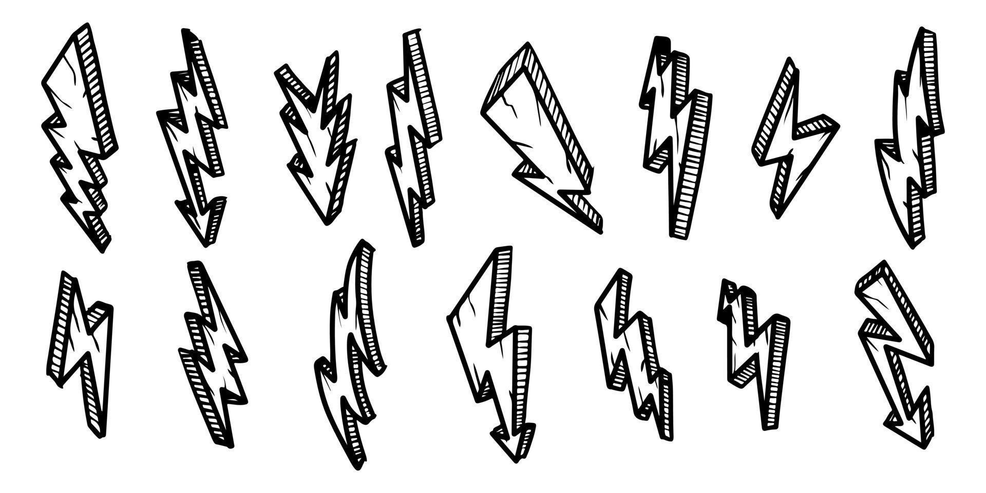 conjunto de ilustraciones de esbozo de símbolo de relámpago eléctrico de garabato vectorial dibujado a mano. ilustración vectorial vector