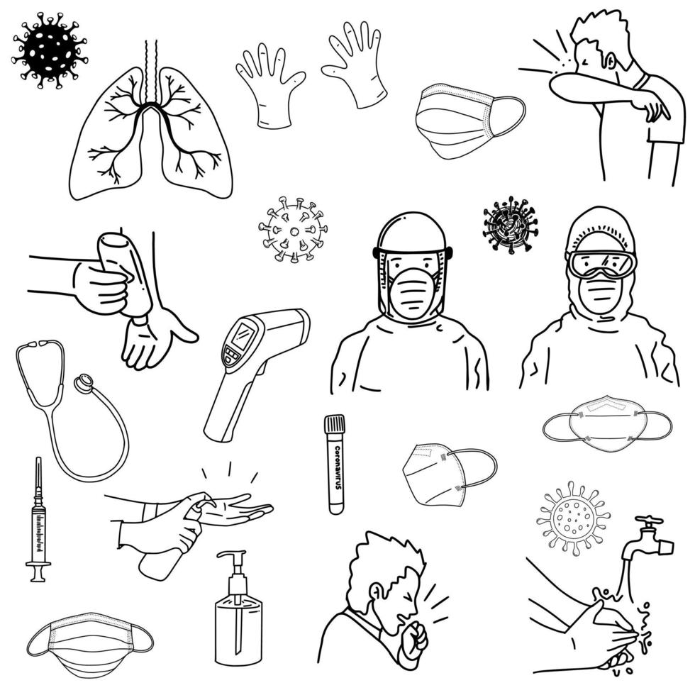 conjunto de coronavirus. dibujo de ilustración vectorial garabato dibujado a mano aislado en fondo blanco vector