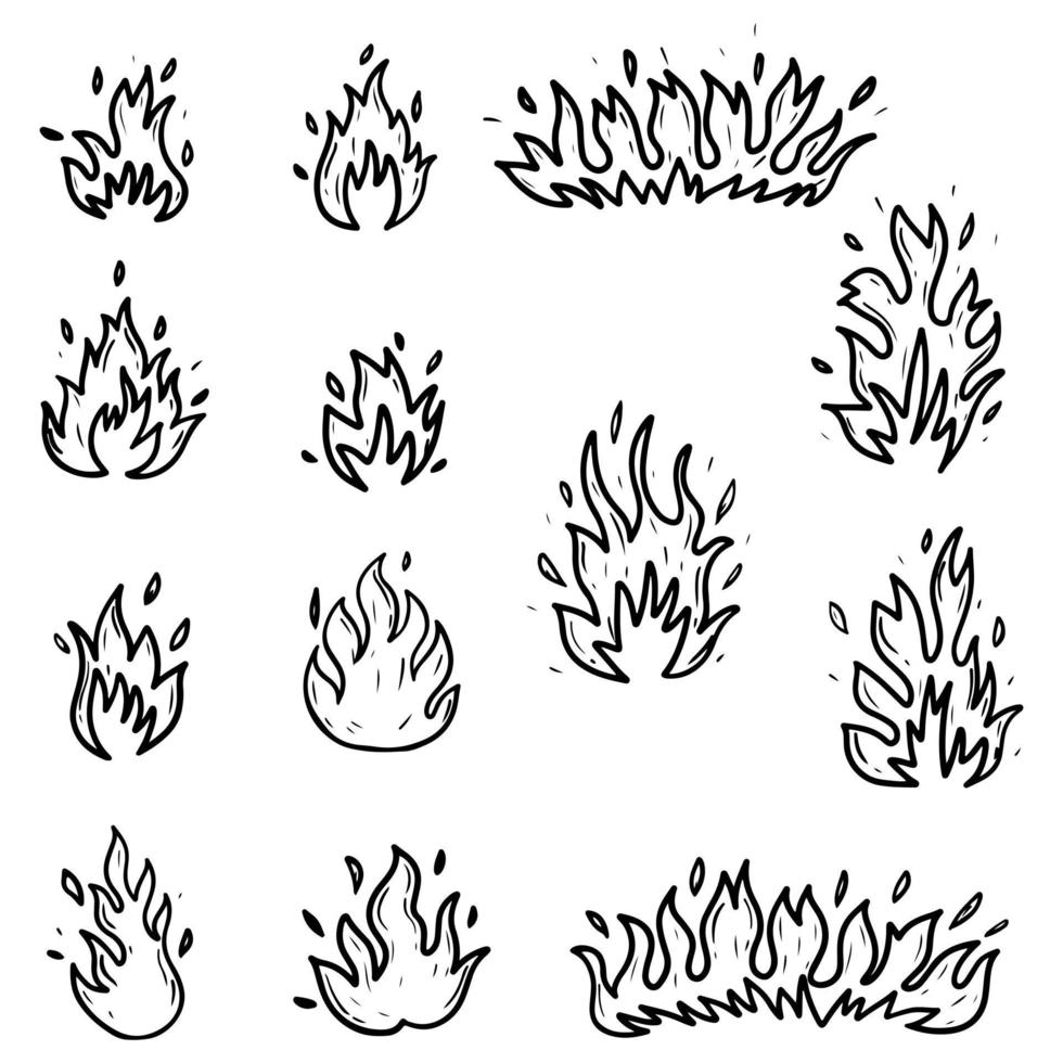 Set of hand drawn fire and fireball isolated on white background. Doodle vector illustration.