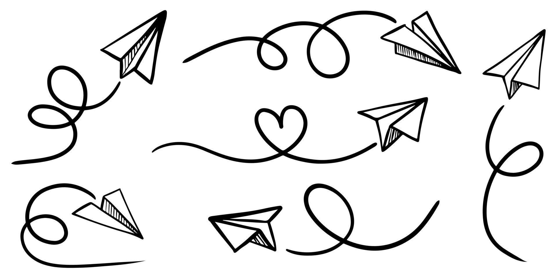 Set of doodle paper plane icon. Hand drawn Paper airplane. vector illustration.