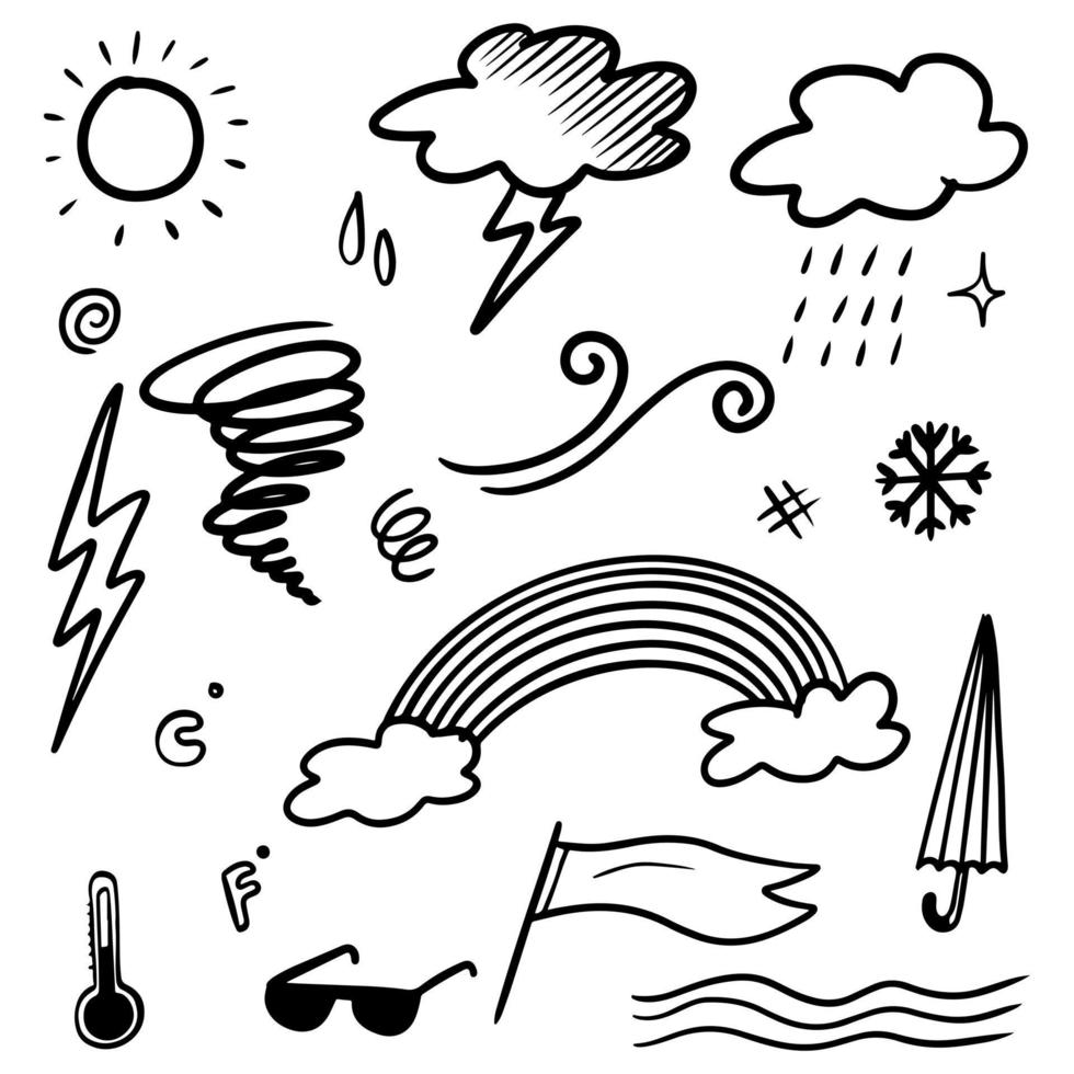 Collection of hand drawn doodle weather icons isolated on white background. vector