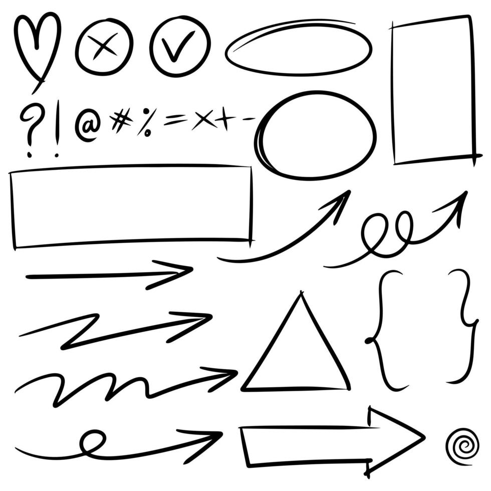 Doodle de líneas, flechas, círculos y curvas vector.Elementos de diseño dibujados a mano aislados sobre fondo blanco para infografía. ilustración vectorial. vector