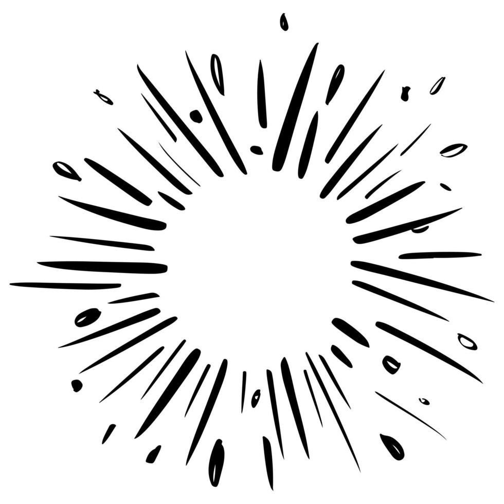 Starburst, sunburst  hand drawn. Design Element Fireworks Black Rays. Comic explosion effect. Radiating, radial lines. vector