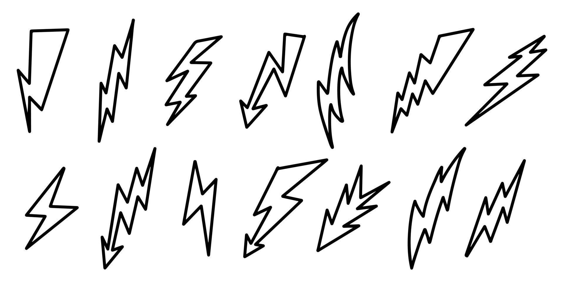 set of hand drawn vector doodle electric lightning bolt symbol sketch illustrations. vector illustration.