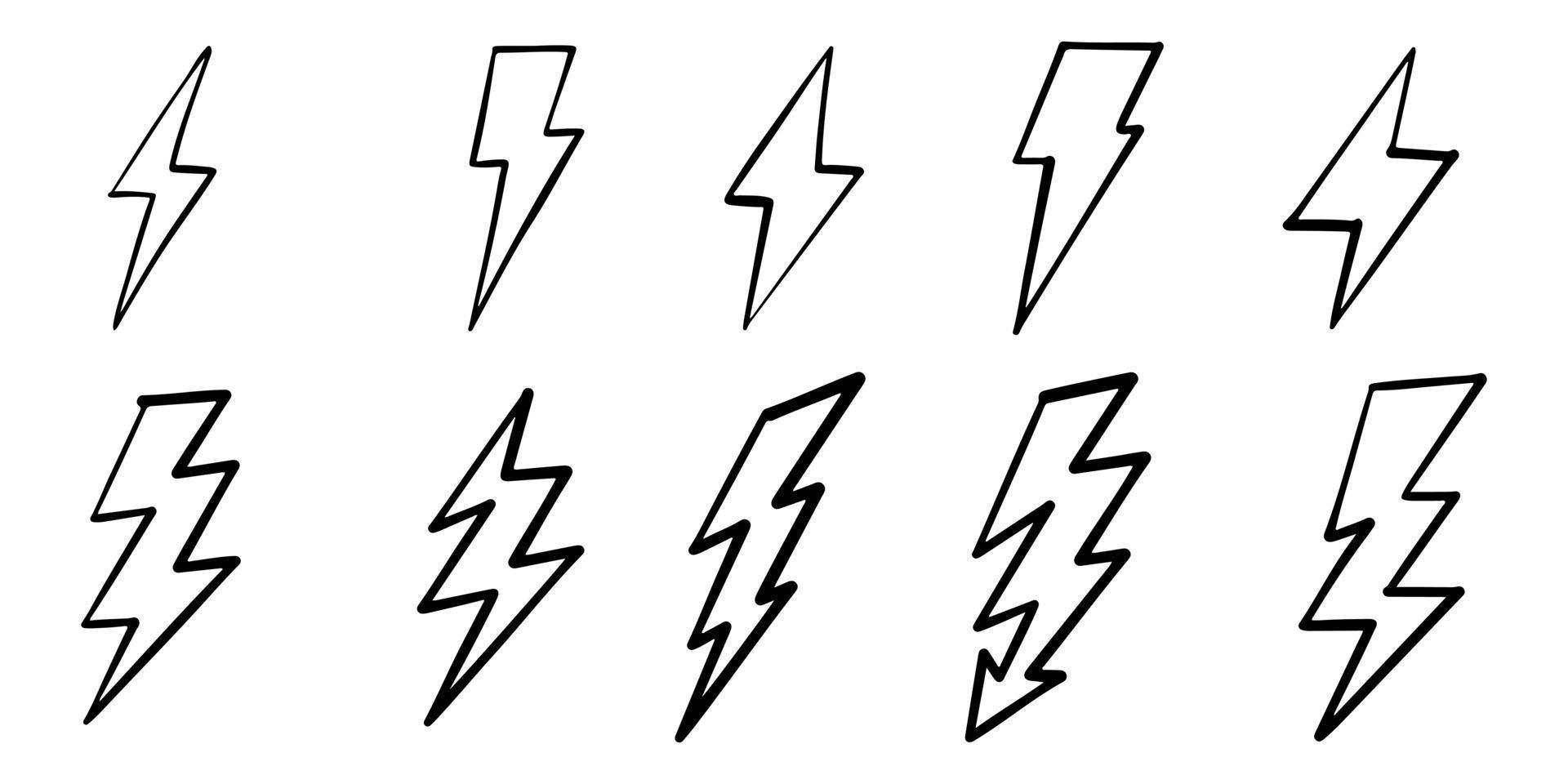 set of hand drawn vector doodle electric lightning bolt symbol sketch illustrations. vector illustration.