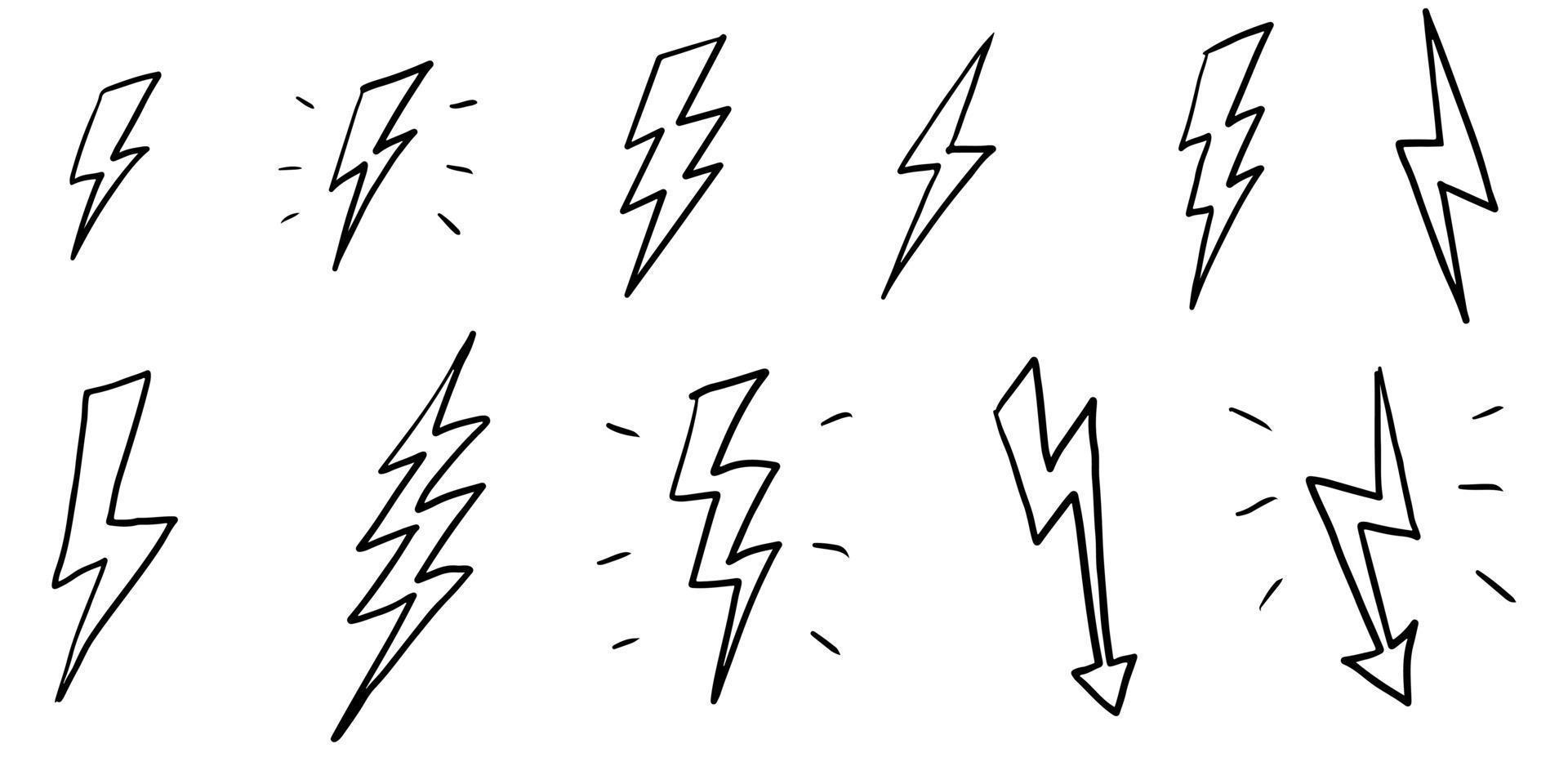 conjunto de ilustraciones de esbozo de símbolo de relámpago eléctrico de garabato vectorial dibujado a mano. ilustración vectorial vector