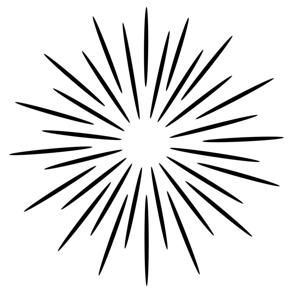 Starburst, sunburst  hand drawn. Design Element Fireworks Black Rays. Comic explosion effect. Radiating, radial lines. vector
