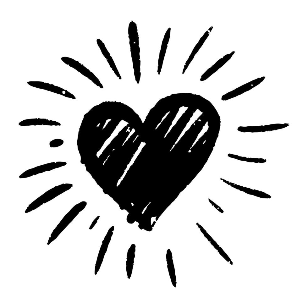 Hand drawn grunge love heart with rays isolated on a white background. vector illustration.