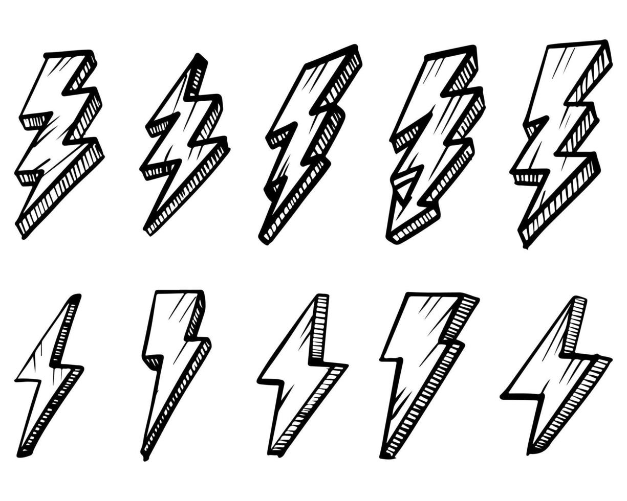 set of hand drawn vector doodle electric lightning bolt symbol sketch illustrations. vector illustration.