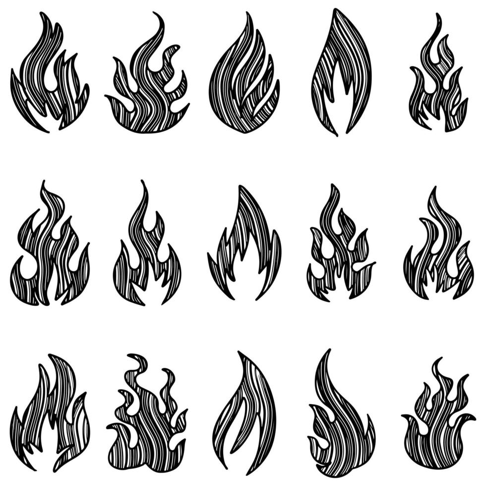 Set of hand drawn fire and fireball isolated on white background. Doodle vector illustration.