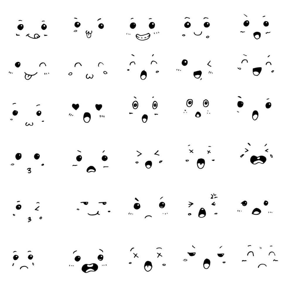 set of hand drawn vector doodle Kawaii cute faces emoticons icon sketch illustrations