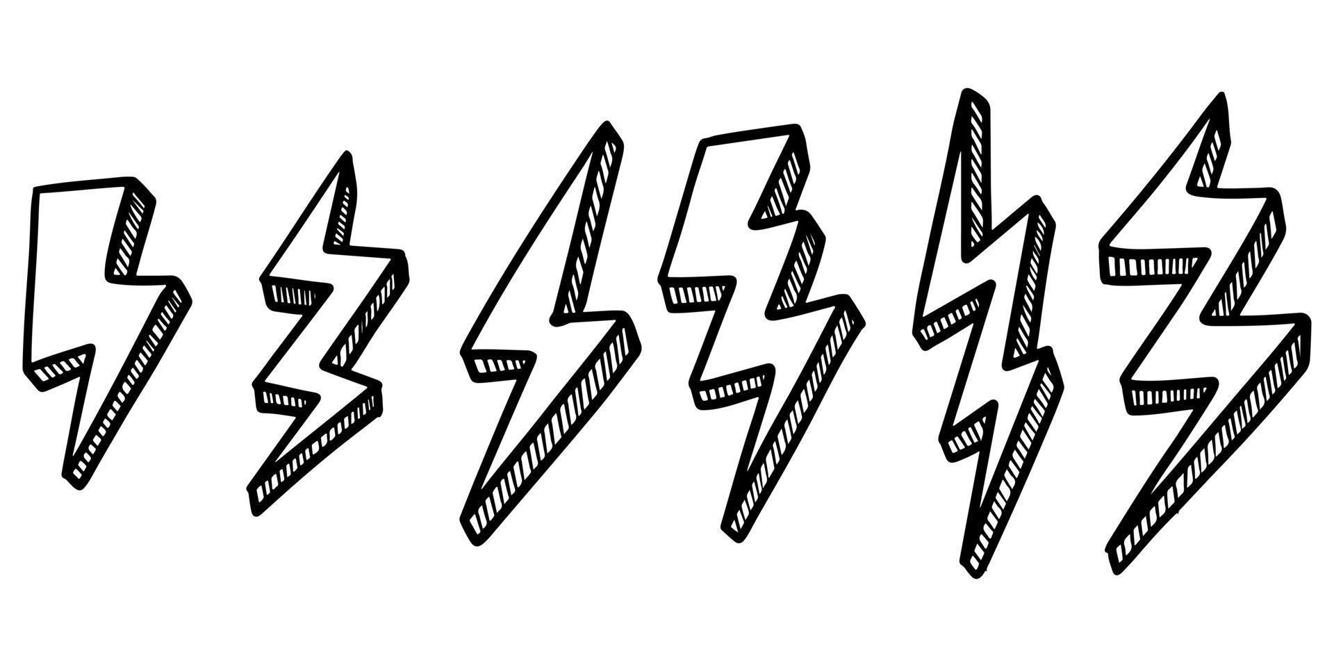 conjunto de ilustraciones de esbozo de símbolo de relámpago eléctrico de garabato vectorial dibujado a mano. ilustración vectorial vector