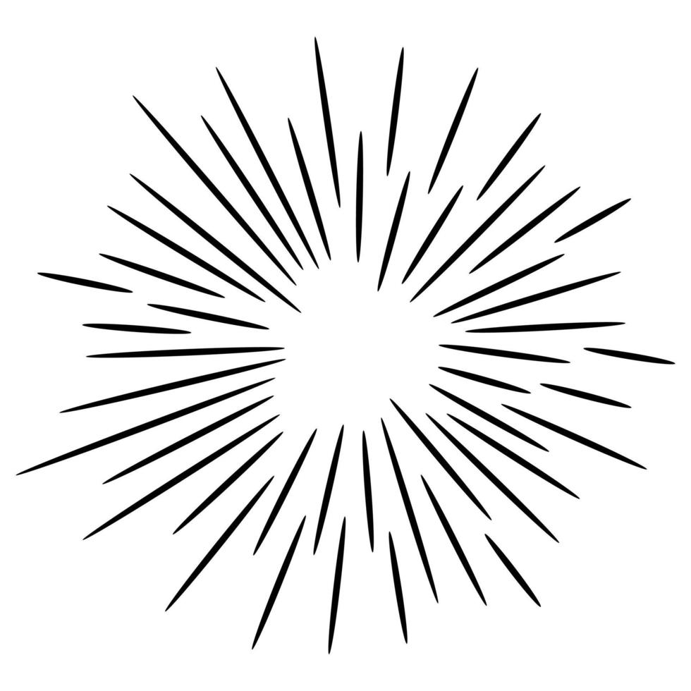 Starburst, sunburst  hand drawn. Design Element Fireworks Black Rays. Comic explosion effect. Radiating, radial lines. vector