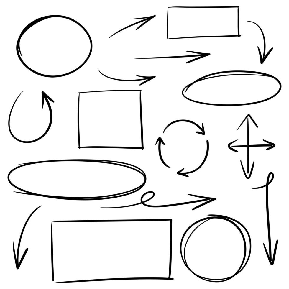 Doodle de líneas, flechas, círculos y curvas vector.Elementos de diseño dibujados a mano aislados sobre fondo blanco para infografía. ilustración vectorial. vector