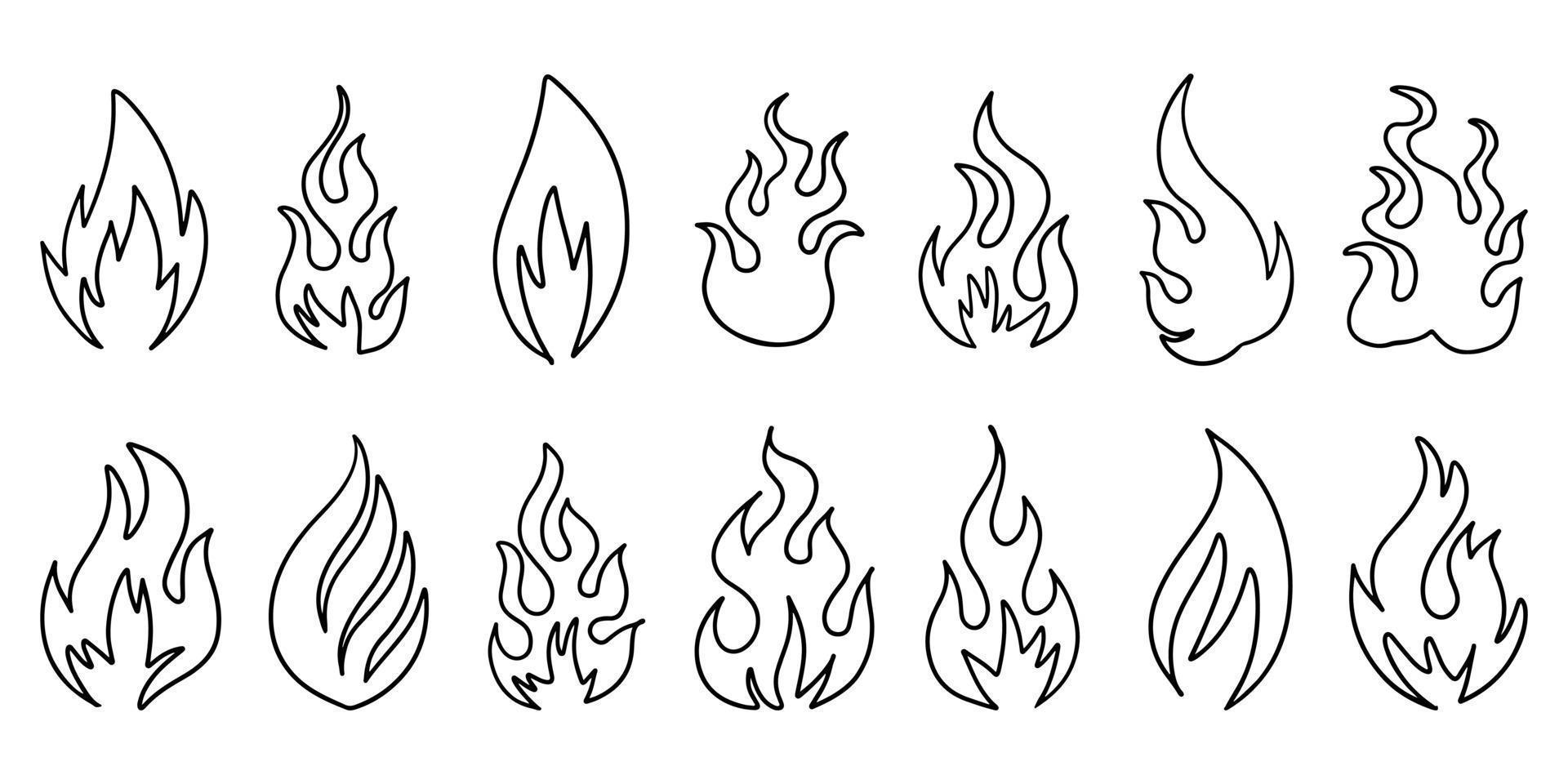 Set of hand drawn fire and fireball isolated on white background. Doodle vector illustration.