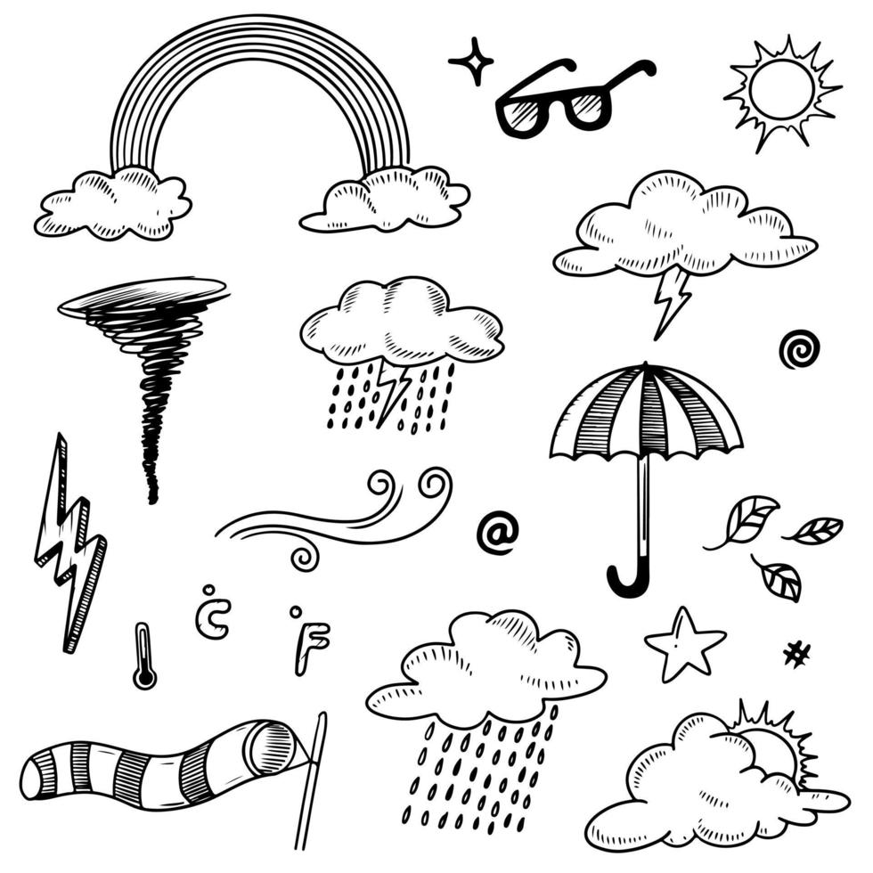 Collection of hand drawn doodle weather icons isolated on white background. vector