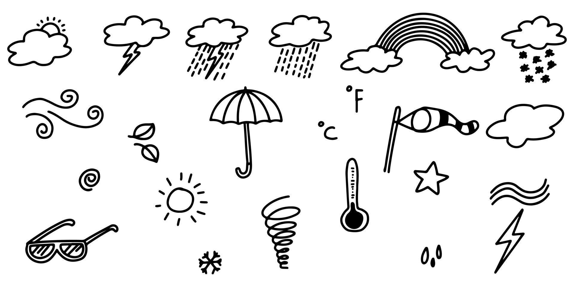 Collection of hand drawn doodle weather icons isolated on white background. vector