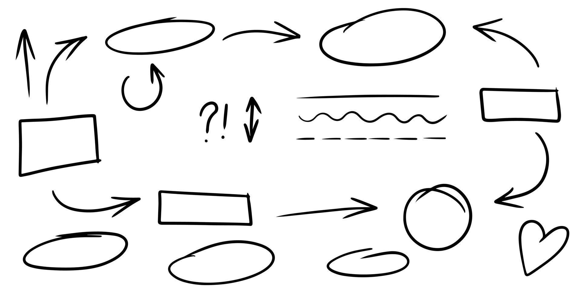 Doodle de líneas, flechas, círculos y curvas vector.Elementos de diseño dibujados a mano aislados sobre fondo blanco para infografía. ilustración vectorial. vector