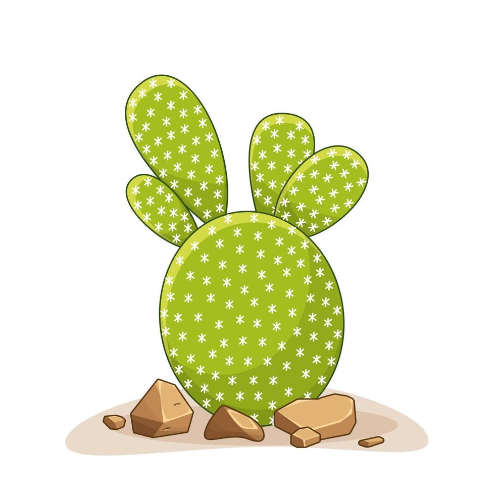 Cactus with thorns and stones. Mexican green plant with spines and rocks. Element of the desert and southern landscape. Cartoon flat vector illustration. Isolated on white background