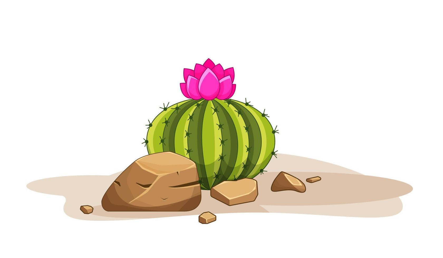 Cactus with thorns and stones. Mexican green plant with spines and rocks. Element of the desert and southern landscape. Cartoon flat vector illustration. Isolated on white background.