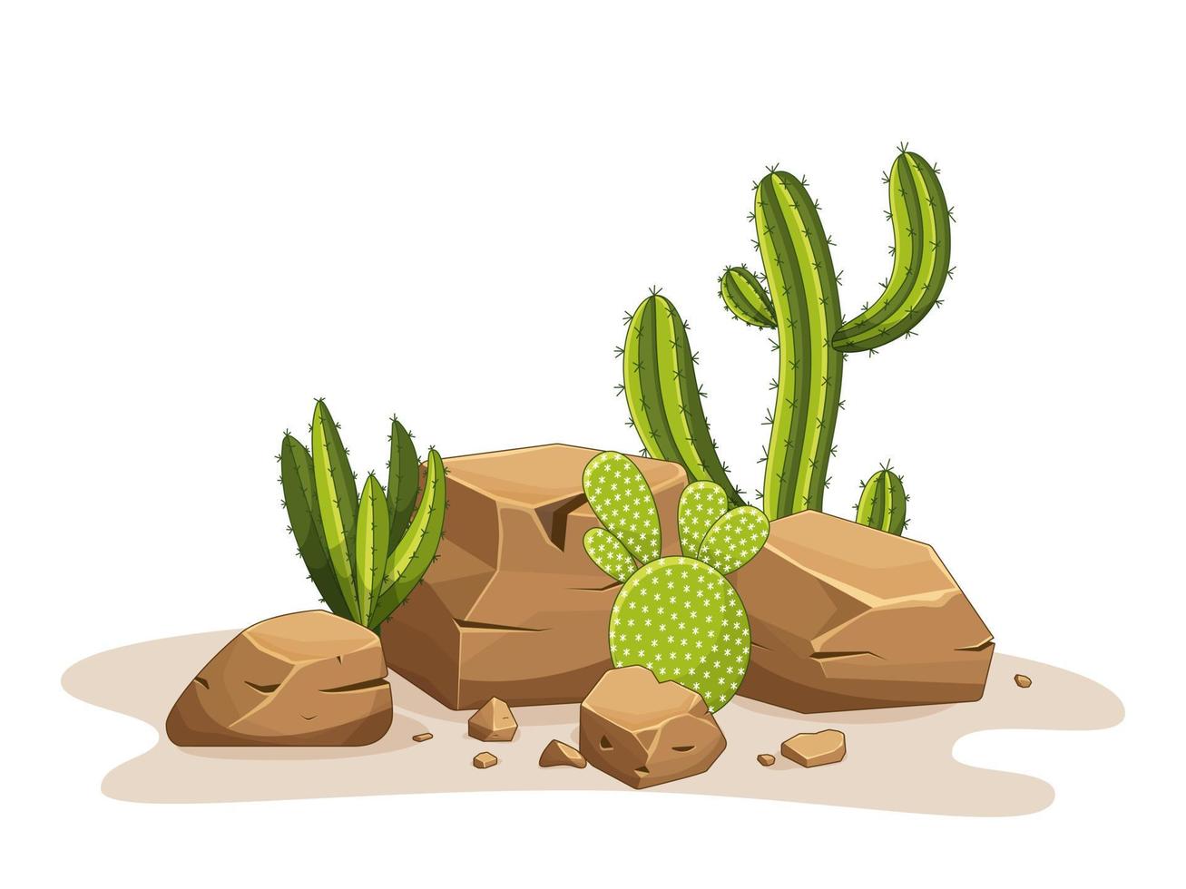 Cactus with thorns and stones. Mexican green plant with spines and rocks. Element of the desert and southern landscape. Cartoon flat vector illustration. Isolated on white background.