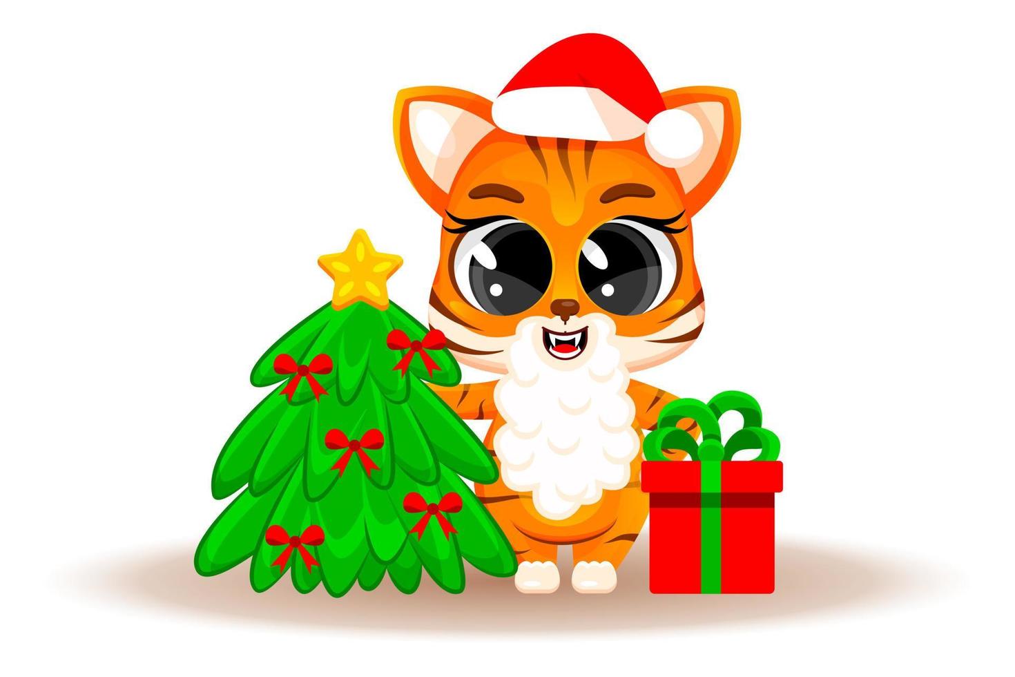 Cute cartoon tiger cub with Christmas tree and gift. Christmas concept, Chinese New Year, a symbol of 2022. Fashionable sticker. Christmas card. Vector illustration isolated on white background.