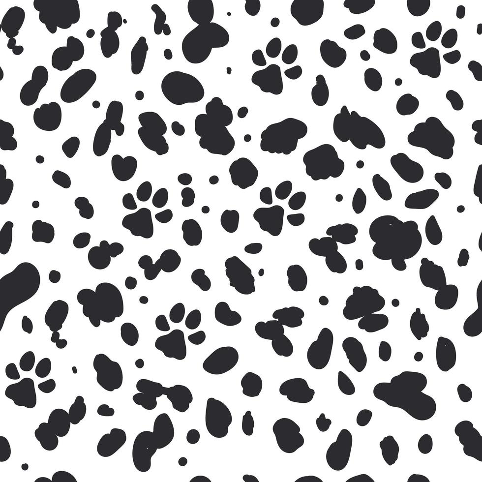 patrón sin costuras dálmata. estampado de piel de animal. perros puntos negros y pata sobre fondo blanco. vector