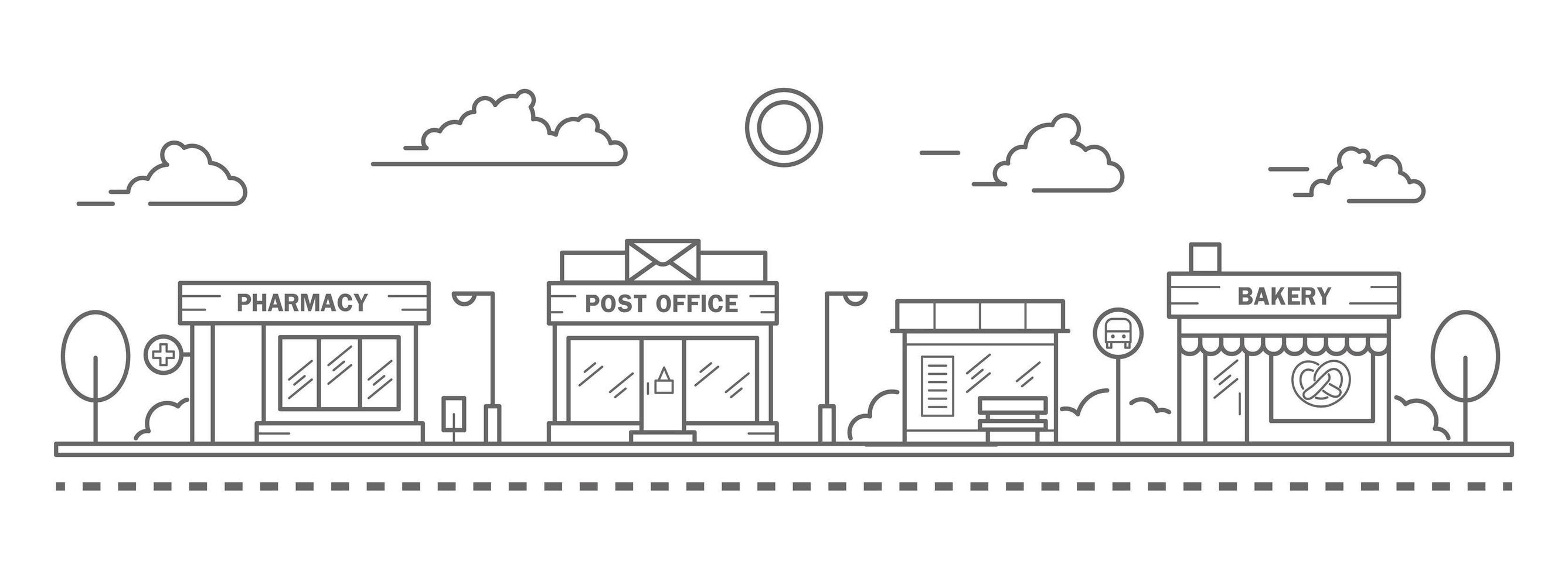 horizonte de la ciudad en estilo de arte lineal. paisaje con casas adosadas de panadería, farmacia, parada de autobús y oficina de correos. panorama horizontal de la calle. ilustración vectorial vector