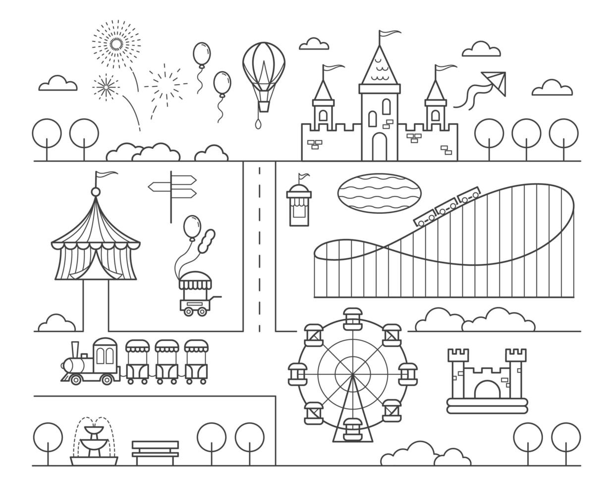 Amusement park map. Circus, ferris wheel rollercoaster and attractions for kids. Children playground. Outline vector illustration.