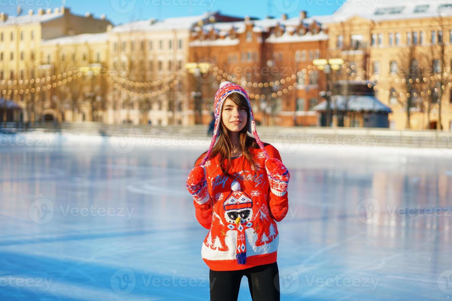 young pretty woman ice skating winter people, the concept of entertainment photo