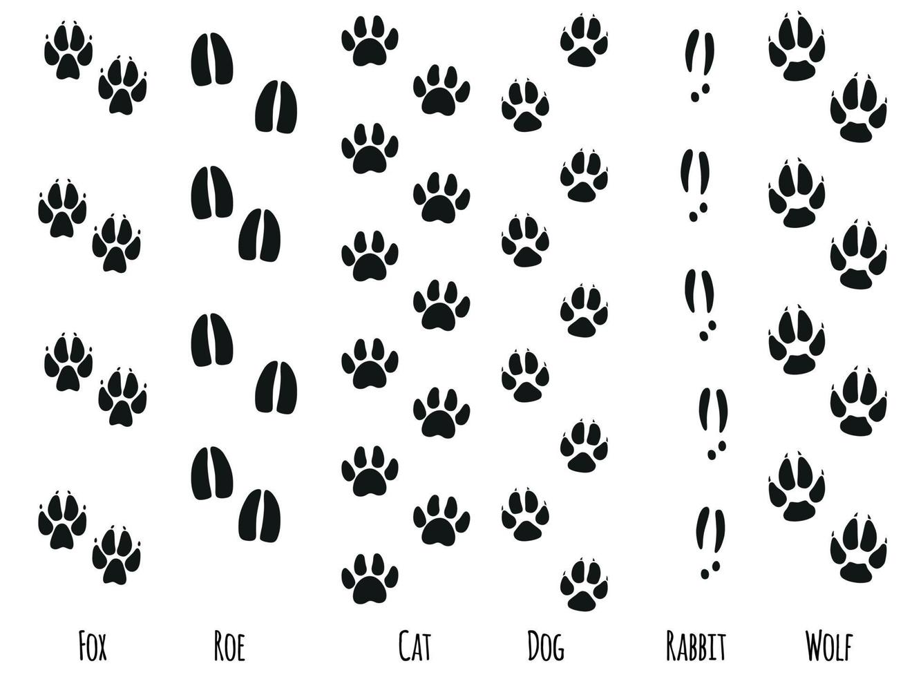 Animals feet tracks. Animals paws and sillhouetts. Vector illustration