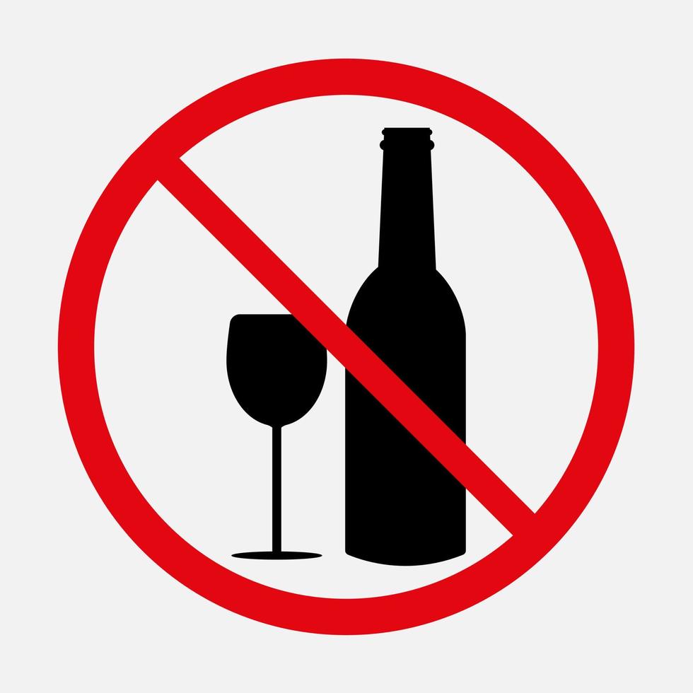 sin señal de alcohol. icono de vector de prohibición de botella y copa de vino aislado sobre fondo blanco