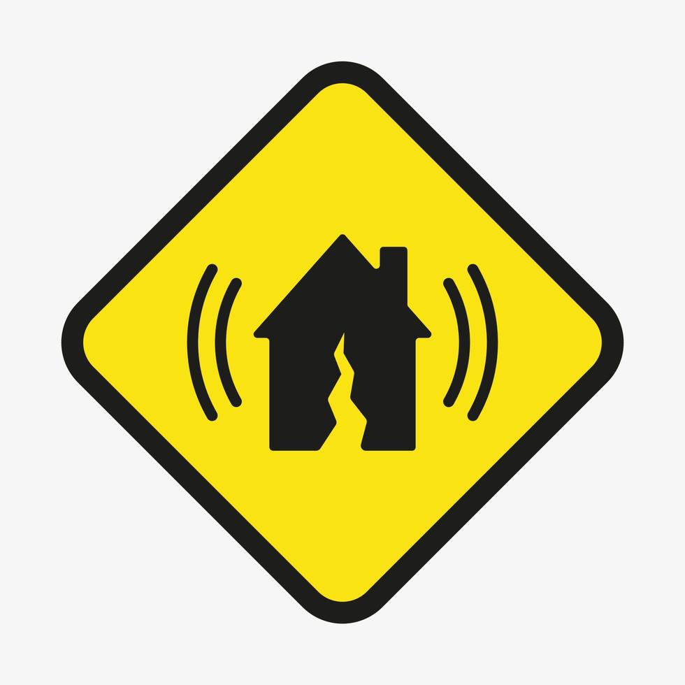 Warning yellow sign on white background. Vector earthquake symbol. Square hazard warning sign with rounded corners