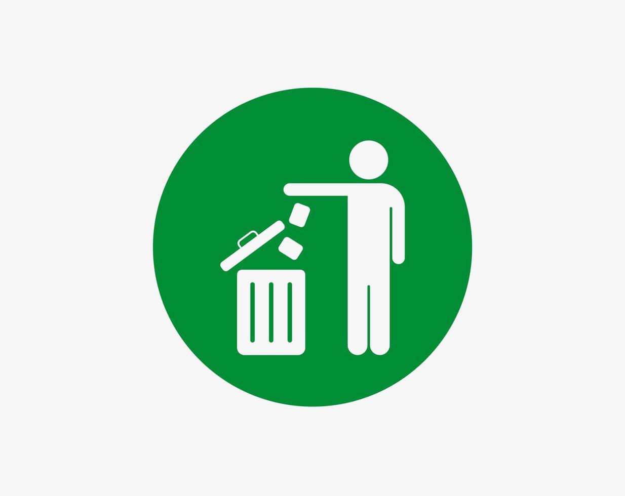 hombre tirando basura en una cesta, icono de vector de círculo verde en el fondo blanco