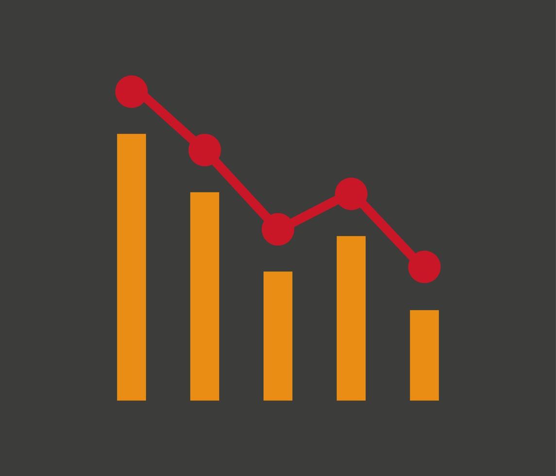 un icono vectorial de un gráfico decreciente de cinco columnas en colores rojo y naranja sobre fondo gris oscuro vector