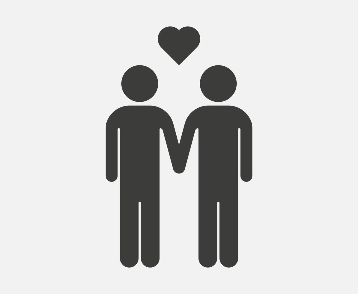 Gay couple vector icon isolated on white background. Homosexual couple sing. Two men holding their hands and a heart pictogram