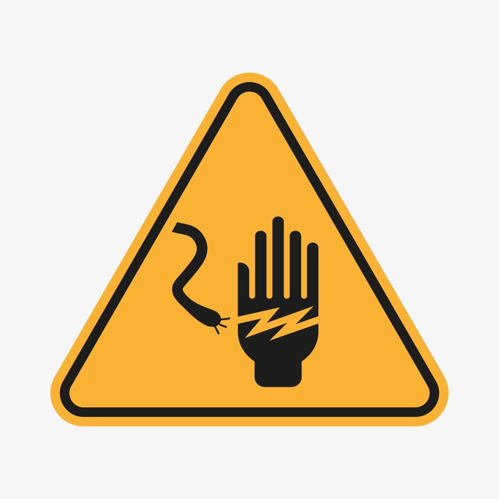 Vector symbol of high voltage, Danger yellow tringle sign. Hand and electric wire. Vector illustration. Warning icon isolated on white background