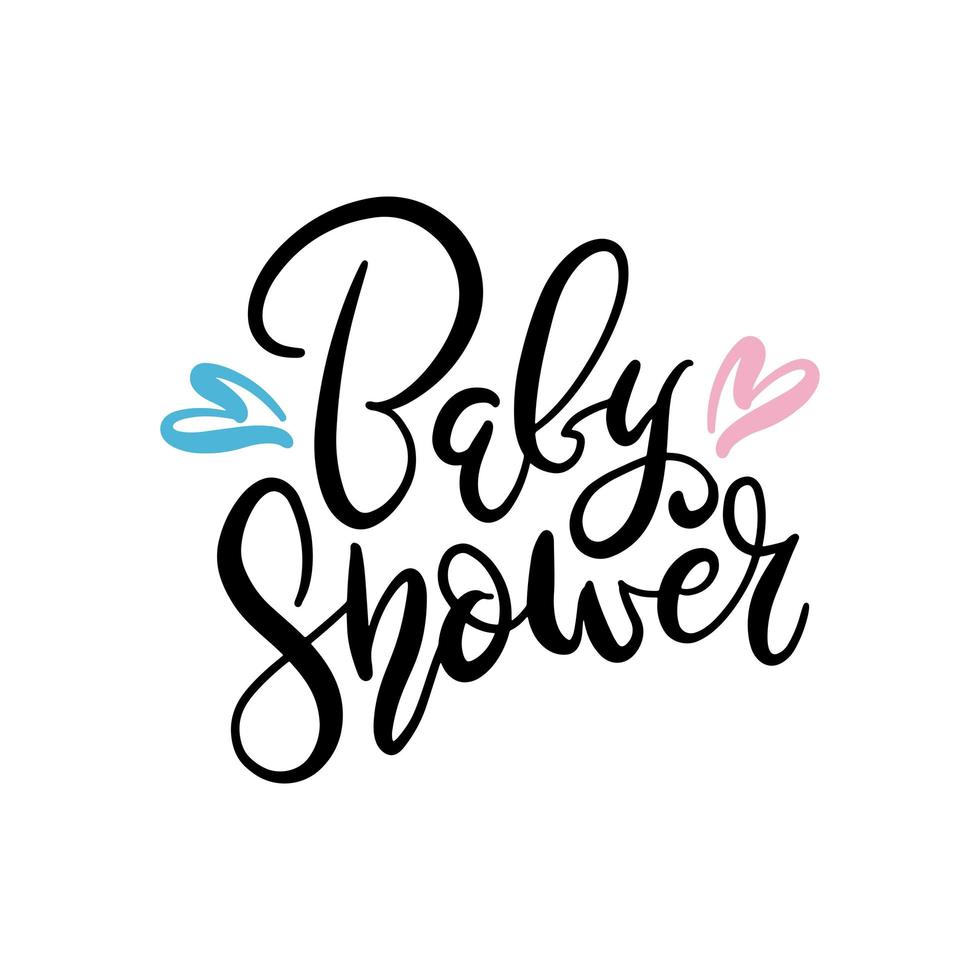 Baby shower text isolated on white background for party invitation, greeting card, banner. Handwritten holiday calligraphy. Vector lettering illustration with hearts