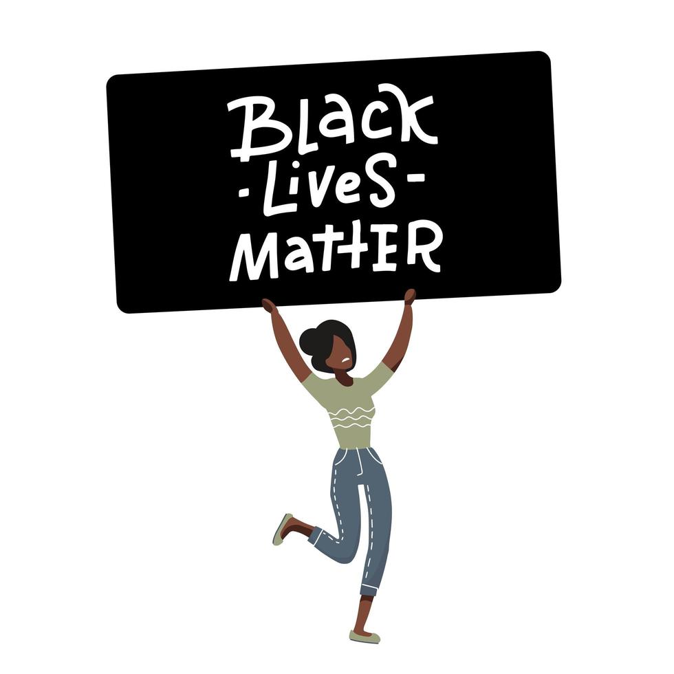 personaje de manifestante de chica negra americana. justicia para los negros. contra la discriminación racial en la policía. las vidas negras importan la pancarta. ilustración colorida plana de dibujos animados vectoriales. vector