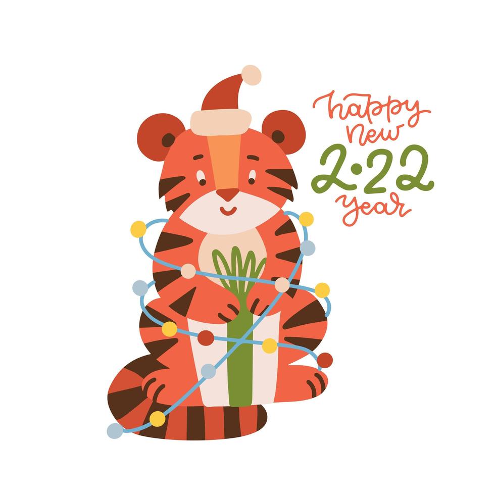 Cute tiger in a Santa costume with gift boxsitting entangled in a garland. New Year and Christmas greeting card with lettering text. The symbol of the year 2022 Isolated on a white. Flat vector. vector
