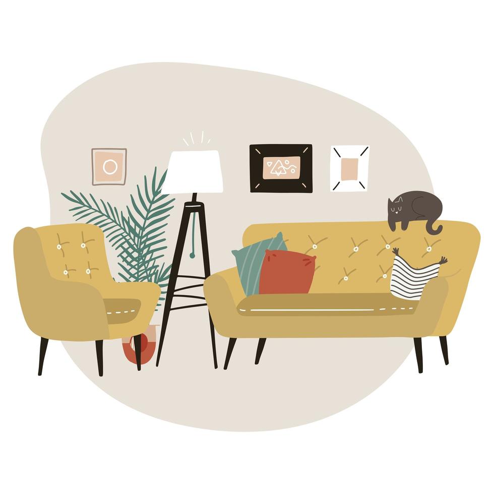 Cute minimalistic interior with mid century modern furniture and plants - yellow sofa, armchair , tripod floor lamp and palm. Trendy scandinavian hygge interior. Flat vector illustration