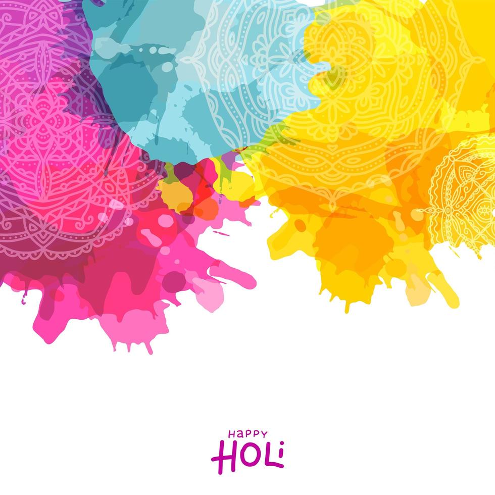 Colourful splash with mandala design decorated background for Indian Festival of Colours, Happy Holi celebration lettering. vector