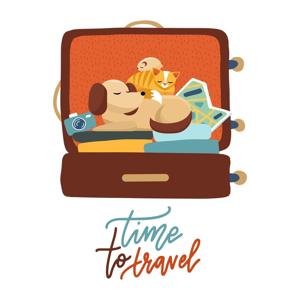 Pet travel. A cute dog, cat and hamster sitting in an open suitcase with vacation accessories. Flat vector illustration for travel on a sticker, poster, card, print with lettering Time to travel