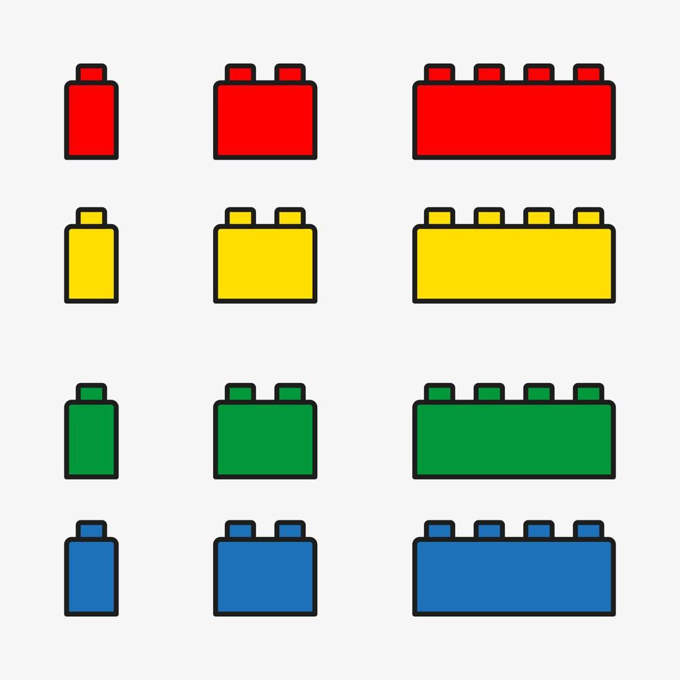 Conjunto de bloques de construcción de vector de contorno 2d. Ladrillos de juguete en colores rojo, amarillo, azul y verde aislado sobre fondo blanco.