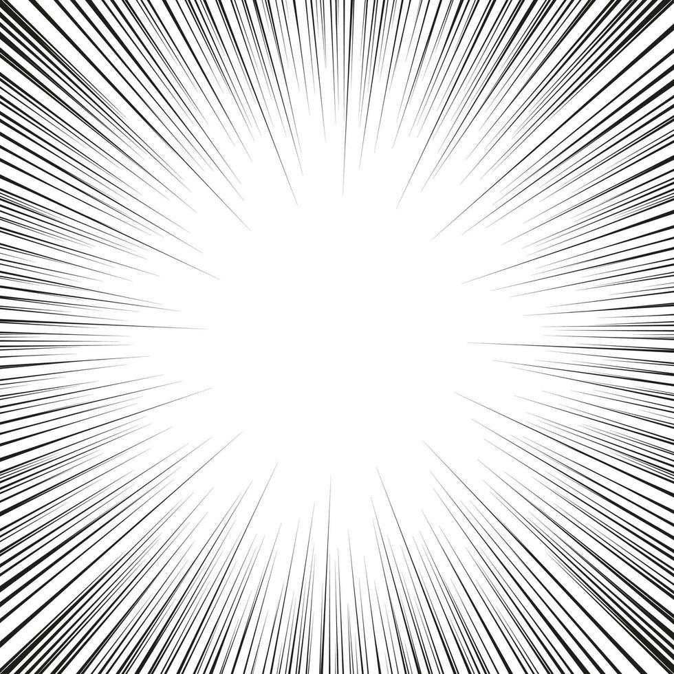 Black radial speed line burst for background design or cartoon template. Comic Book Design Element. Abstract motion lines. Vector stripe pattern.
