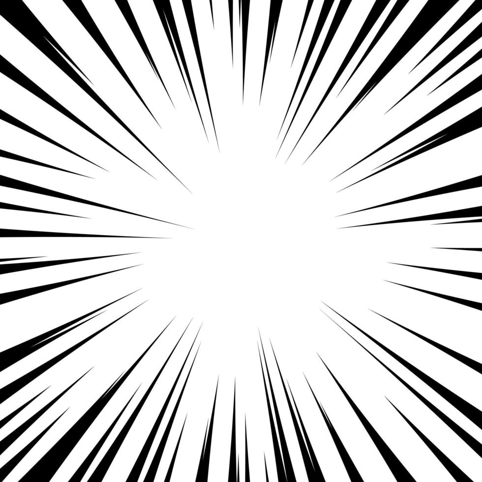 Black radial speed line burst for background design or cartoon template. Comic Book Design Element. Abstract motion lines. Vector stripe pattern.